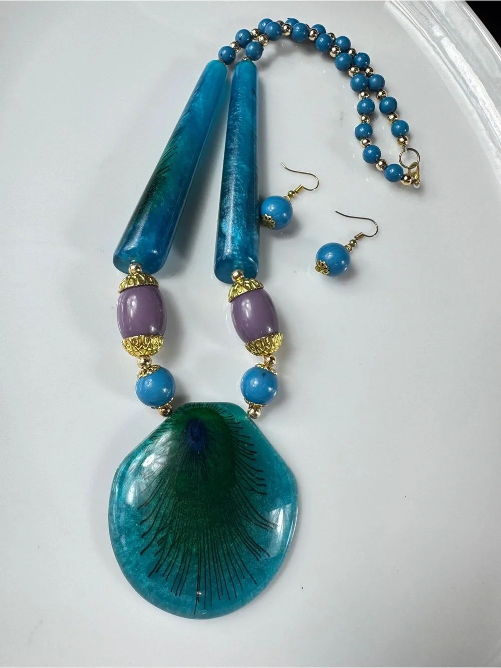 Peacock Teardrop Statement Necklace & Earrings Set- Blue Green Purple